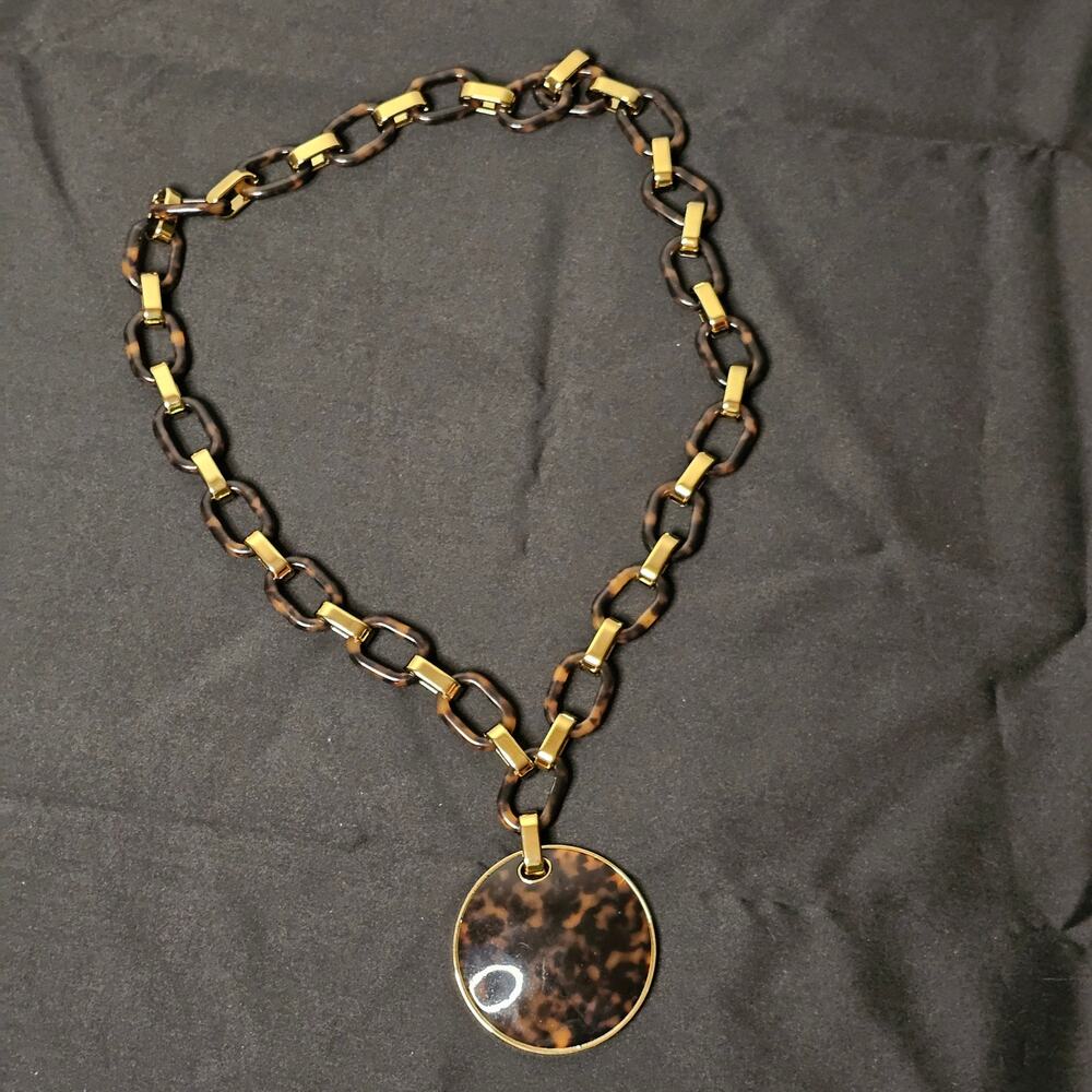 Michael Kors Tortoise Large Acrylic & Gold Chain Link Pendent Necklace